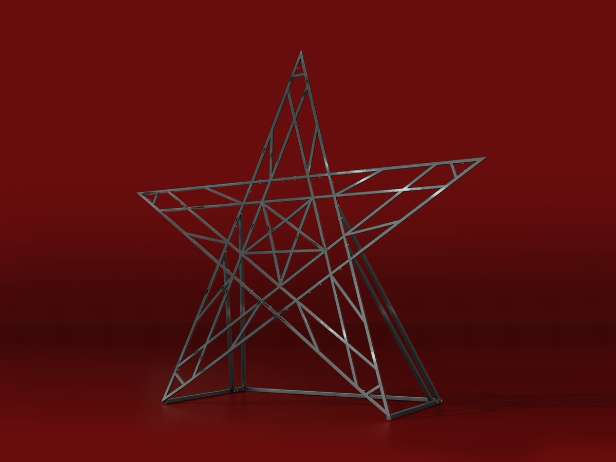 Pentastar five-point steel BDSM cross on a red background, view 1, render