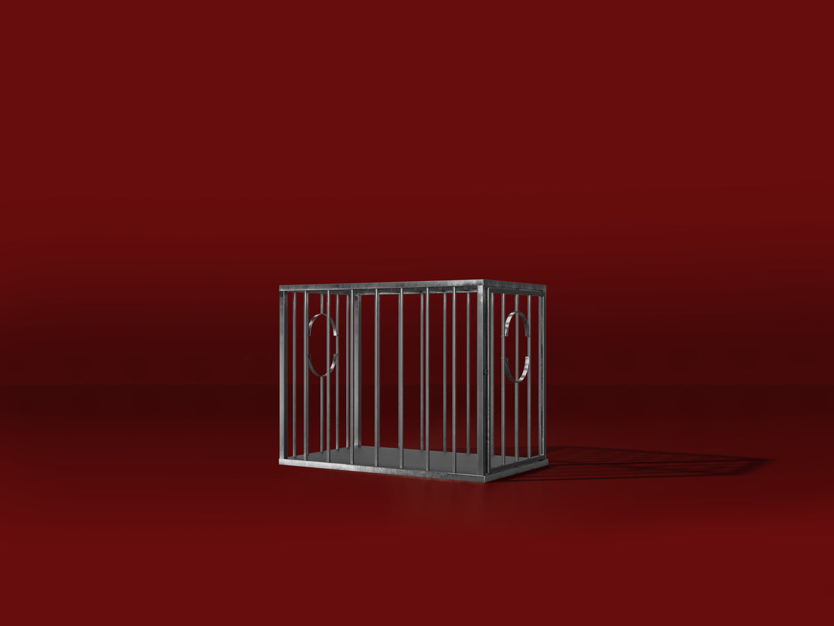 Kennel steel BDSM cage on a red background, view 1, render