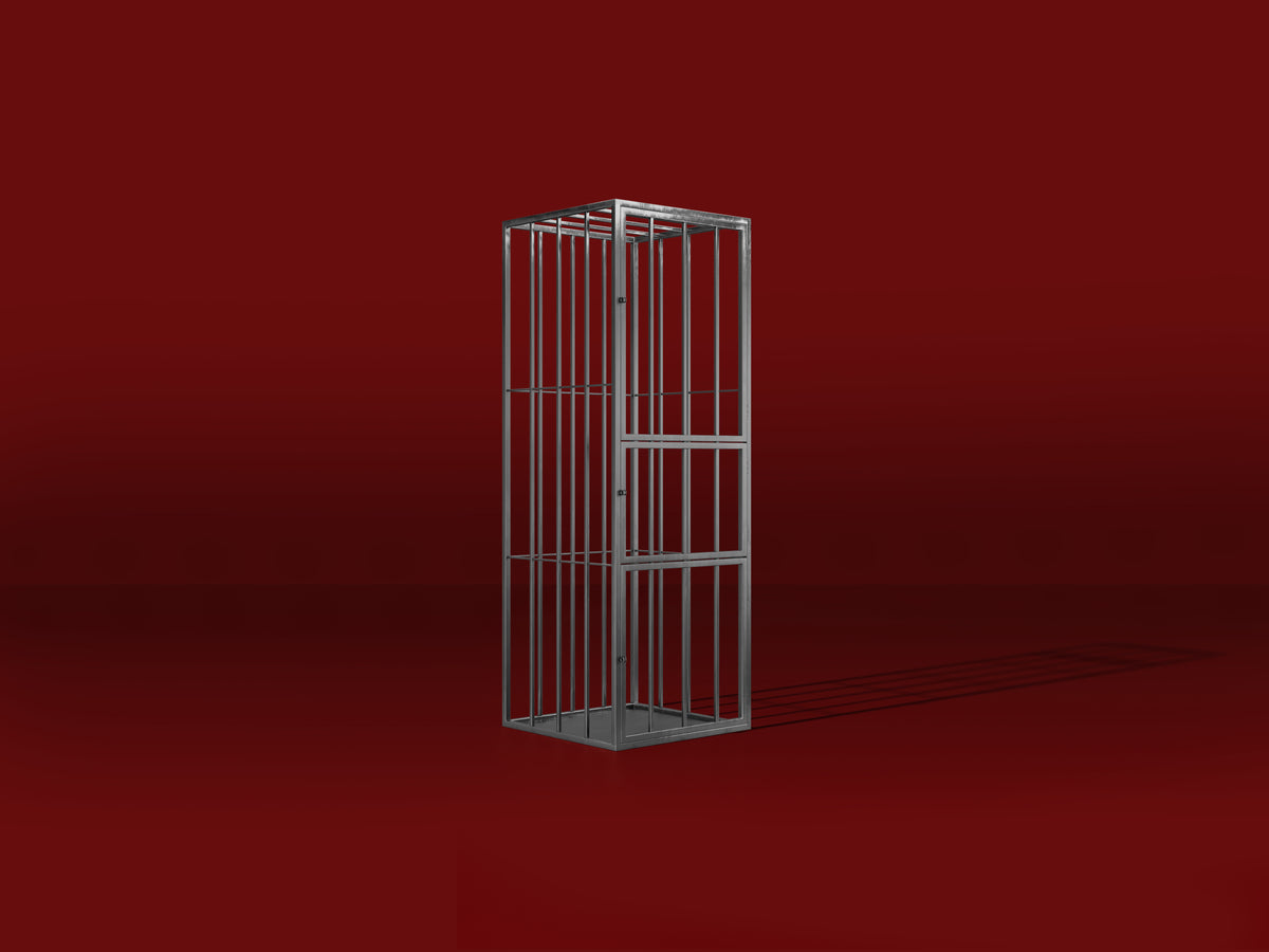 Tower steel BDSM cage on a red background, view 1, render