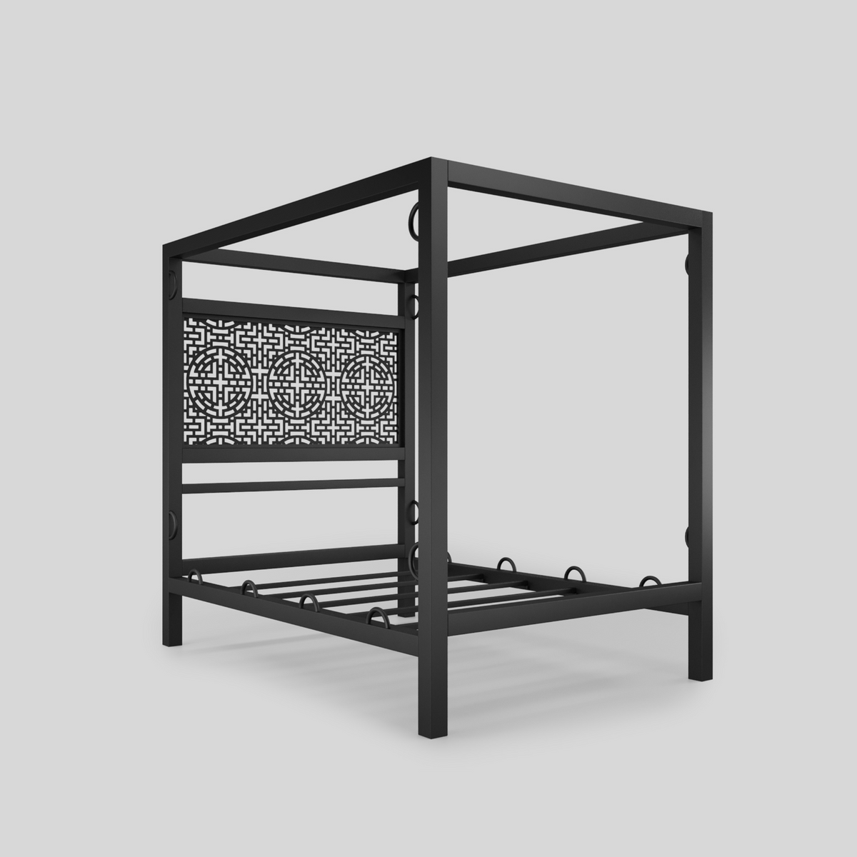 Emblem steel four-poster BDSM bed frame, angled view, render