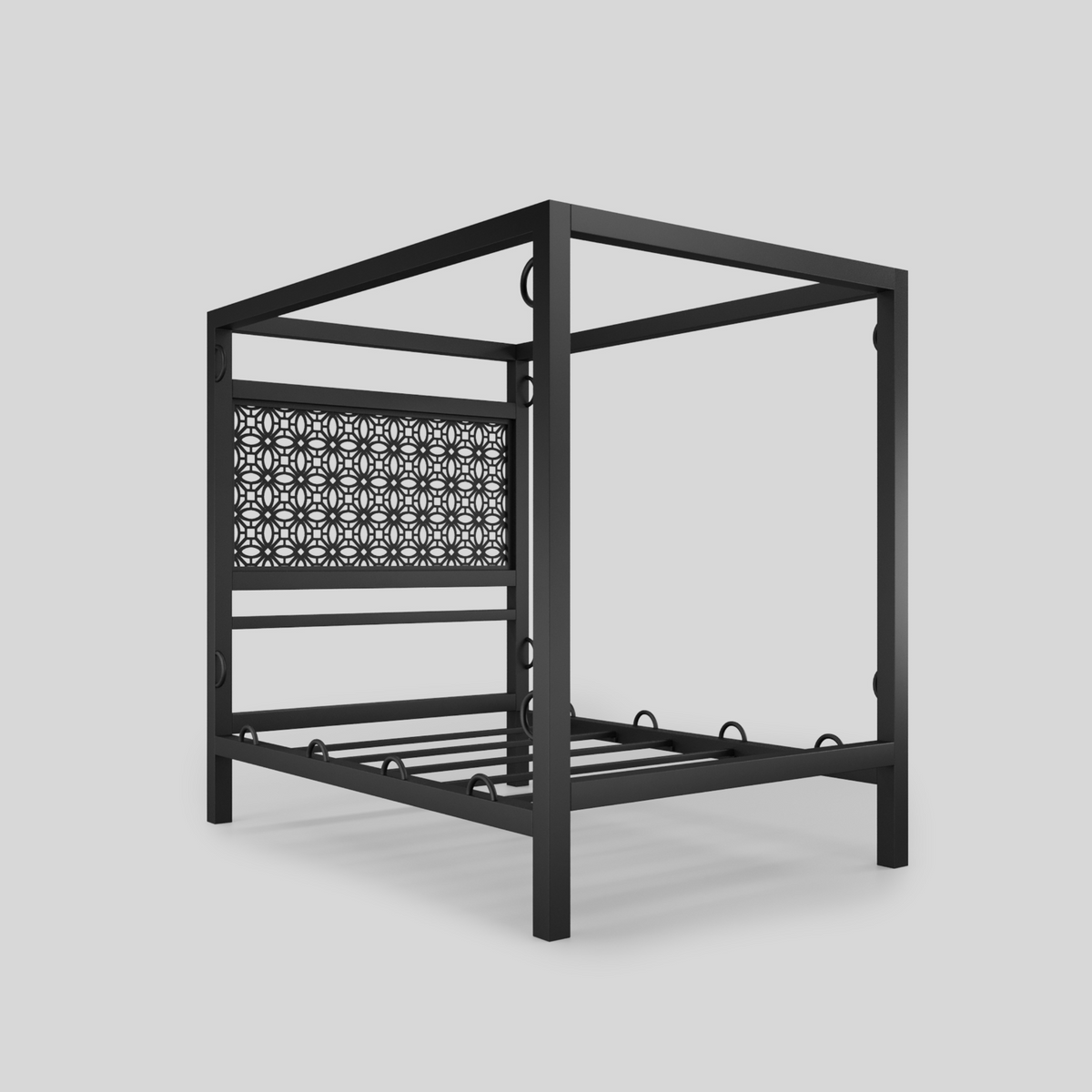 Paragon steel four-poster BDSM bed frame, angled view, render