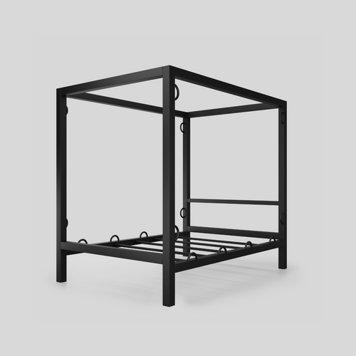 Axis steel four-poster BDSM bed frame, angled view, render