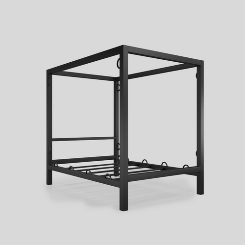 Axis steel four-poster BDSM bed frame, second angled view, render