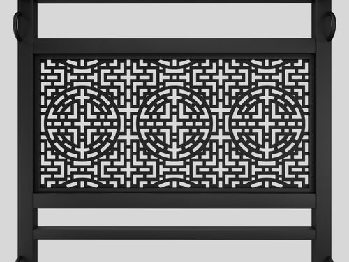 Emblem BDSM bed headboard, laser-cut pattern close-up, render
